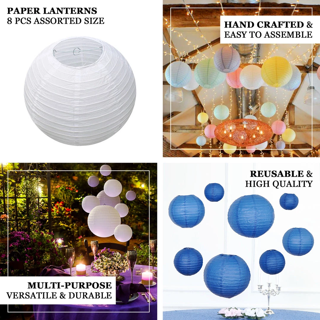 HIER_3300 Set Of 8 - Purple Hanging Paper Lanterns Round Assorted Size - 6", 8", 10", 14" 4 HIER_3300 Set Of 8 - Purple Hanging Paper Lanterns Round Assorted Size - 6", 8", 10", 14"