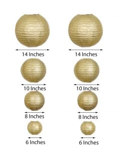 HIER_3300 Set Of 8 - Gold Hanging Paper Lanterns Round Assorted Size - 6