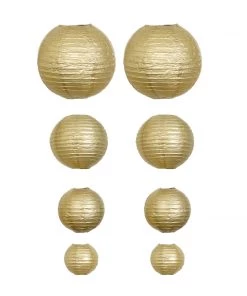 HIER_3300 Set Of 8 - Gold Hanging Paper Lanterns Round Assorted Size - 6