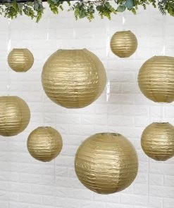 HIER_3300 Set Of 8 - Gold Hanging Paper Lanterns Round Assorted Size - 6