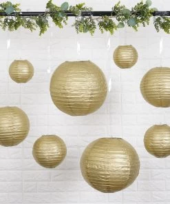 HIER_3300 Set Of 8 - Gold Hanging Paper Lanterns Round Assorted Size - 6", 8", 10", 14"