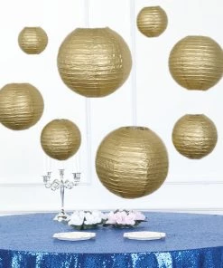 HIER_3300 Set Of 8 - Gold Hanging Paper Lanterns Round Assorted Size - 6", 8", 10", 14"
