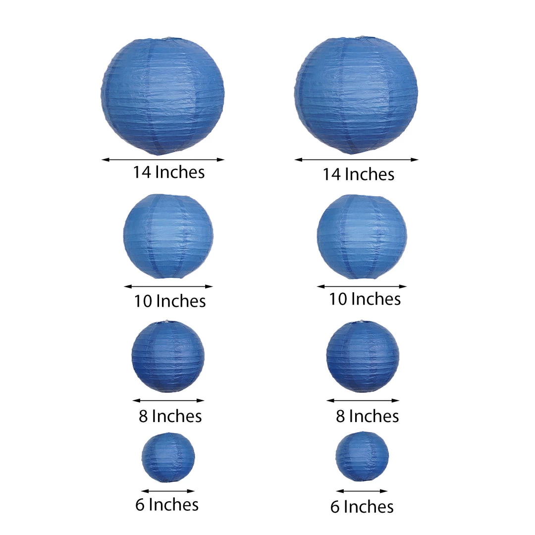 HIER_3300 Big Event Backdrops & Décor Set Of 8 - Navy Blue Hanging Paper Lanterns Round Assorted Size - 6", 8", 10", 14" 3 HIER_3300 Big Event Backdrops & Décor Set Of 8 - Navy Blue Hanging Paper Lanterns Round Assorted Size - 6", 8", 10", 14"
