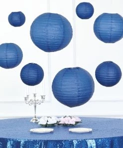 HIER_3300 Big Event Backdrops & Décor Set Of 8 - Navy Blue Hanging Paper Lanterns Round Assorted Size - 6", 8", 10", 14"