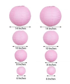 HIER_3300 Set Of 8 - Pink Hanging Paper Lanterns Round Assorted Size - 6", 8", 10", 14" 12 HIER_3300 Set Of 8 - Pink Hanging Paper Lanterns Round Assorted Size - 6