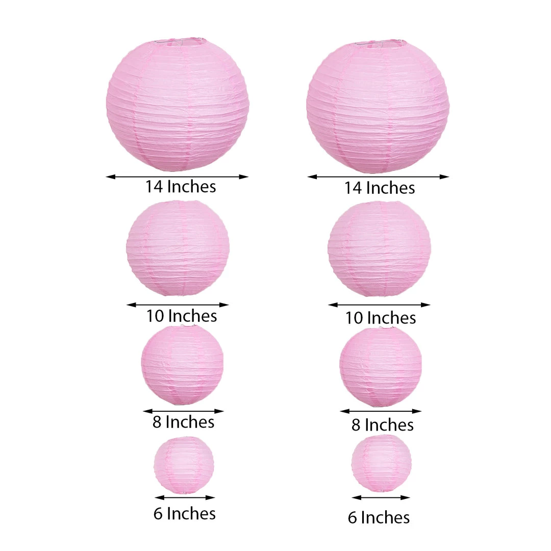 HIER_3300 Set Of 8 - Pink Hanging Paper Lanterns Round Assorted Size - 6", 8", 10", 14" 3 HIER_3300 Set Of 8 - Pink Hanging Paper Lanterns Round Assorted Size - 6", 8", 10", 14"