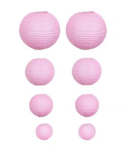 HIER_3300 Set Of 8 - Pink Hanging Paper Lanterns Round Assorted Size - 6", 8", 10", 14" 19 HIER_3300 Set Of 8 - Pink Hanging Paper Lanterns Round Assorted Size - 6