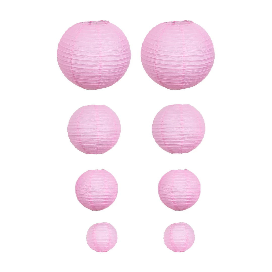 HIER_3300 Set Of 8 - Pink Hanging Paper Lanterns Round Assorted Size - 6", 8", 10", 14" 10 HIER_3300 Set Of 8 - Pink Hanging Paper Lanterns Round Assorted Size - 6", 8", 10", 14"