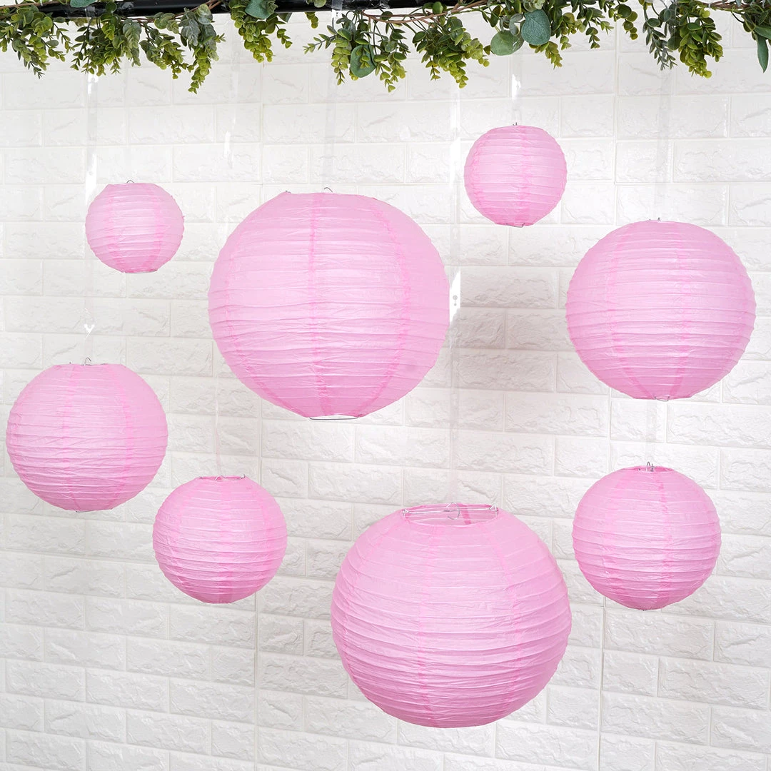 HIER_3300 Set Of 8 - Pink Hanging Paper Lanterns Round Assorted Size - 6", 8", 10", 14" 6 HIER_3300 Set Of 8 - Pink Hanging Paper Lanterns Round Assorted Size - 6", 8", 10", 14"