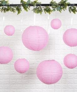 HIER_3300 Set Of 8 - Pink Hanging Paper Lanterns Round Assorted Size - 6", 8", 10", 14"