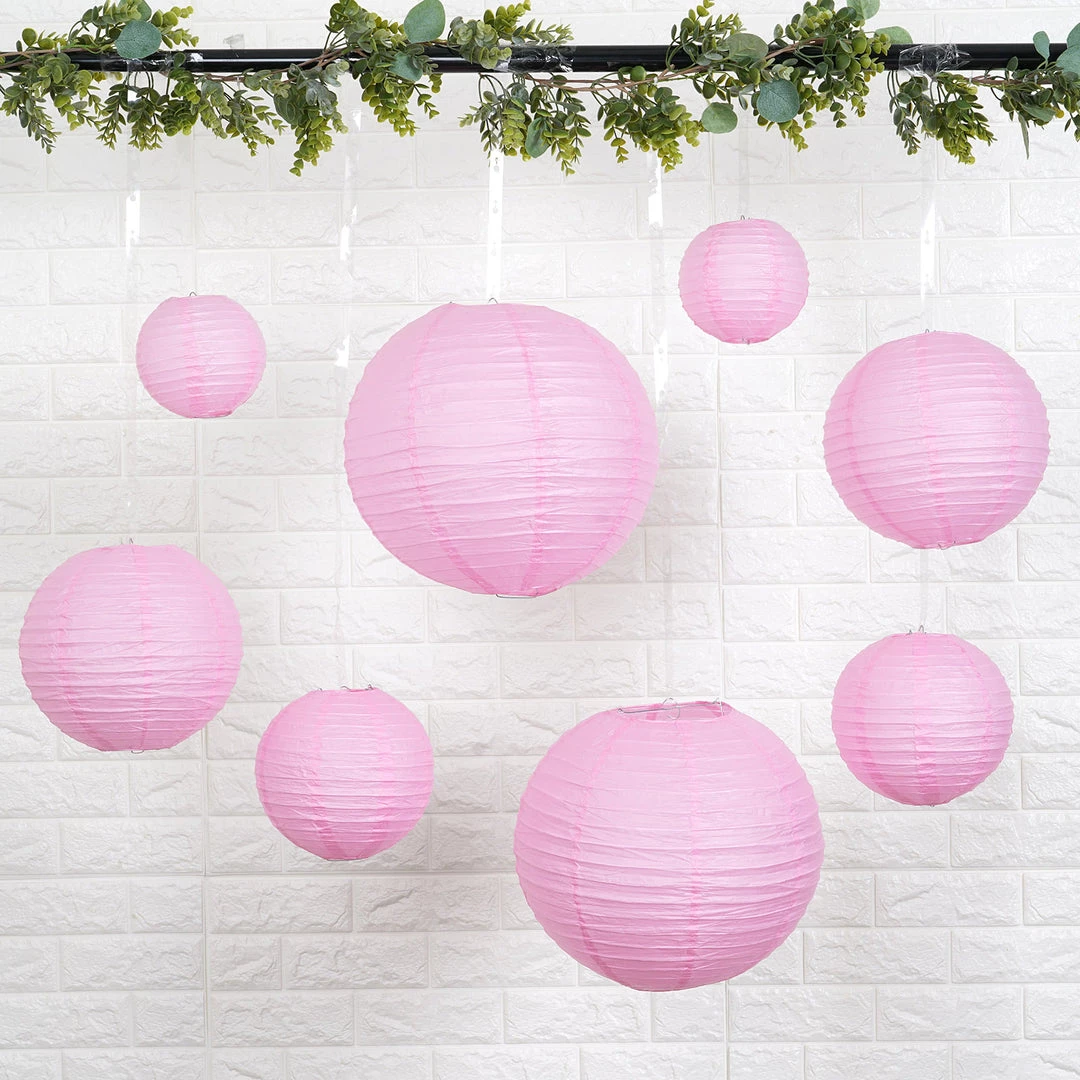 HIER_3300 Set Of 8 - Pink Hanging Paper Lanterns Round Assorted Size - 6", 8", 10", 14" 1 HIER_3300 Set Of 8 - Pink Hanging Paper Lanterns Round Assorted Size - 6", 8", 10", 14"