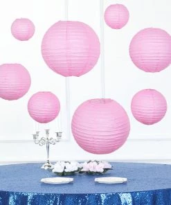HIER_3300 Set Of 8 - Pink Hanging Paper Lanterns Round Assorted Size - 6", 8", 10", 14"