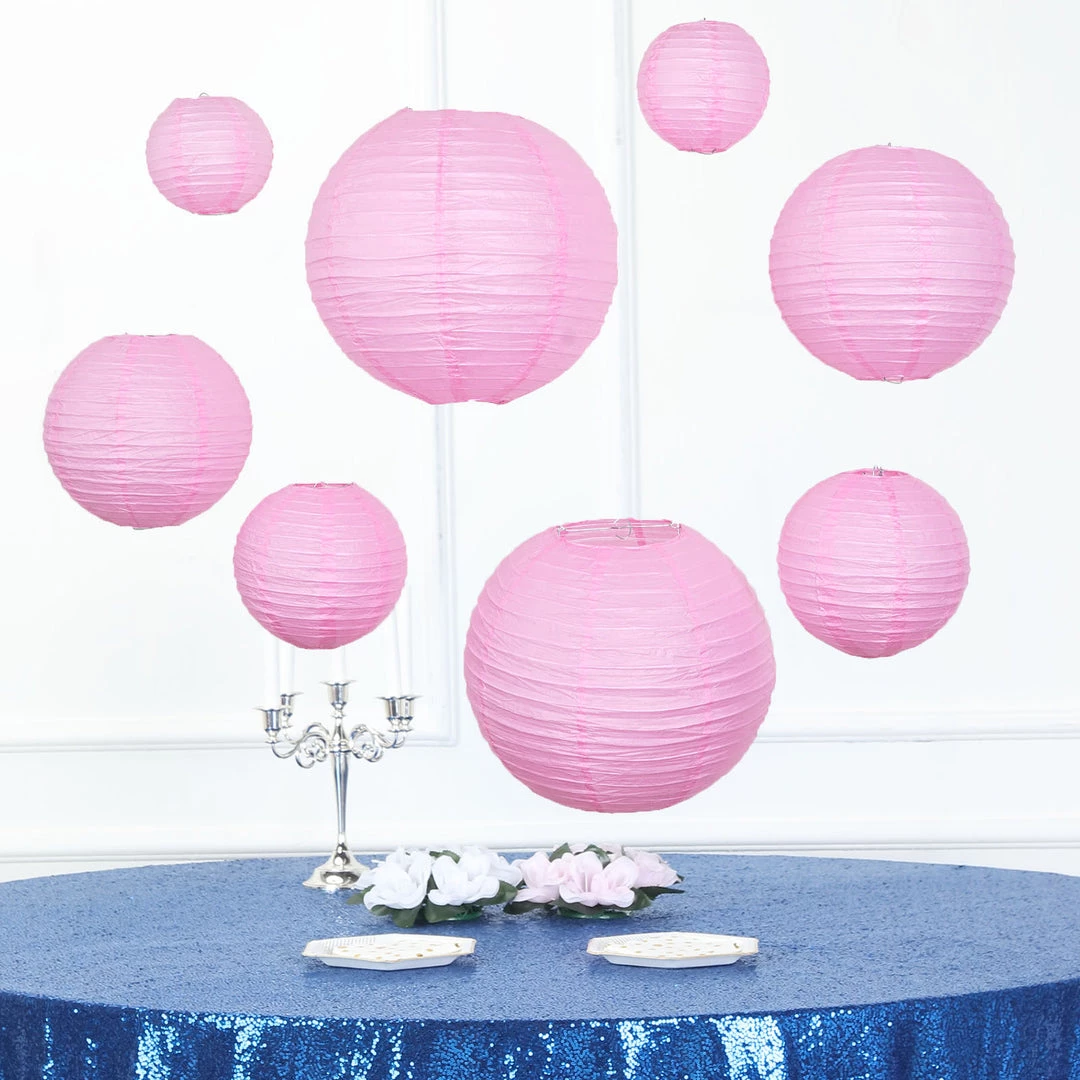 HIER_3300 Set Of 8 - Pink Hanging Paper Lanterns Round Assorted Size - 6", 8", 10", 14" 2 HIER_3300 Set Of 8 - Pink Hanging Paper Lanterns Round Assorted Size - 6", 8", 10", 14"
