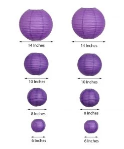 HIER_3300 Set Of 8 - Purple Hanging Paper Lanterns Round Assorted Size - 6", 8", 10", 14" 16 HIER_3300 Set Of 8 - Purple Hanging Paper Lanterns Round Assorted Size - 6
