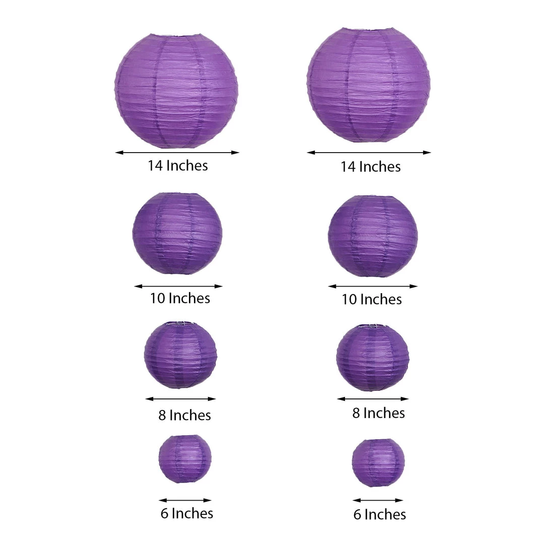 HIER_3300 Set Of 8 - Purple Hanging Paper Lanterns Round Assorted Size - 6", 8", 10", 14" 3 HIER_3300 Set Of 8 - Purple Hanging Paper Lanterns Round Assorted Size - 6", 8", 10", 14"