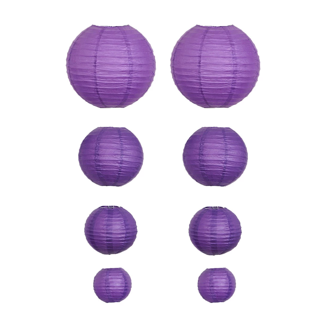 HIER_3300 Set Of 8 - Purple Hanging Paper Lanterns Round Assorted Size - 6", 8", 10", 14" 14 HIER_3300 Set Of 8 - Purple Hanging Paper Lanterns Round Assorted Size - 6", 8", 10", 14"