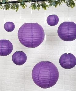 HIER_3300 Set Of 8 - Purple Hanging Paper Lanterns Round Assorted Size - 6", 8", 10", 14" 19 HIER_3300 Set Of 8 - Purple Hanging Paper Lanterns Round Assorted Size - 6