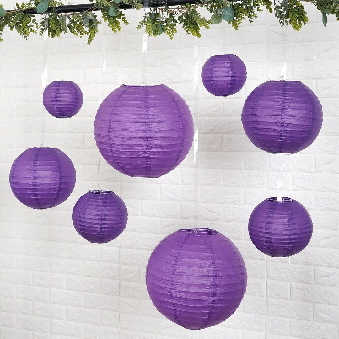 HIER_3300 Set Of 8 - Purple Hanging Paper Lanterns Round Assorted Size - 6", 8", 10", 14" 6 HIER_3300 Set Of 8 - Purple Hanging Paper Lanterns Round Assorted Size - 6", 8", 10", 14"