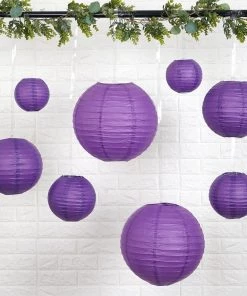 HIER_3300 Set Of 8 - Purple Hanging Paper Lanterns Round Assorted Size - 6", 8", 10", 14"
