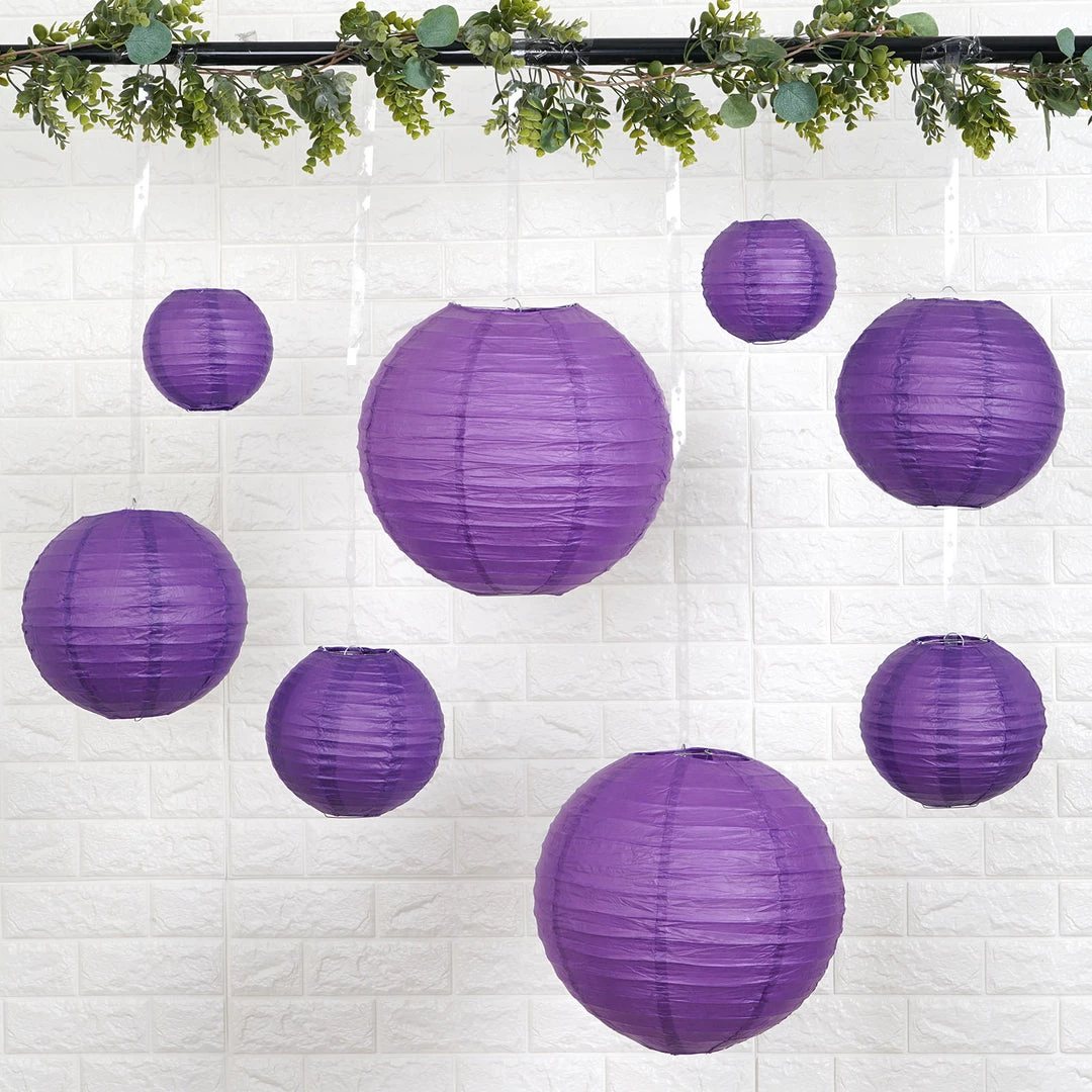 HIER_3300 Set Of 8 - Purple Hanging Paper Lanterns Round Assorted Size - 6", 8", 10", 14" 2 HIER_3300 Set Of 8 - Purple Hanging Paper Lanterns Round Assorted Size - 6", 8", 10", 14"