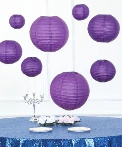HIER_3300 Set Of 8 - Purple Hanging Paper Lanterns Round Assorted Size - 6", 8", 10", 14"