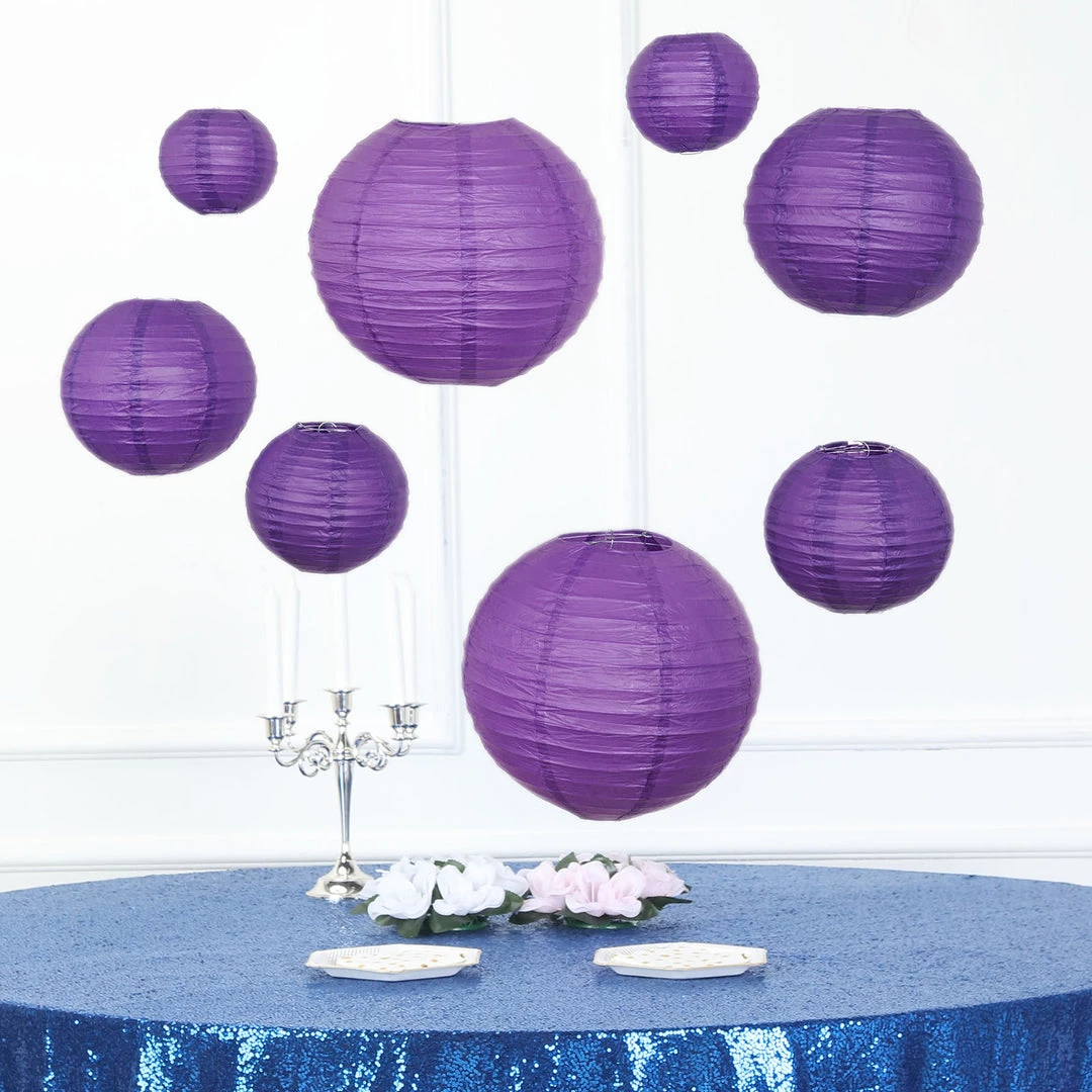 HIER_3300 Set Of 8 - Purple Hanging Paper Lanterns Round Assorted Size - 6", 8", 10", 14" 1 HIER_3300 Set Of 8 - Purple Hanging Paper Lanterns Round Assorted Size - 6", 8", 10", 14"