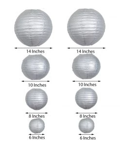 HIER_3300 Set Of 8 - Silver Hanging Paper Lanterns Round Assorted Size - 6