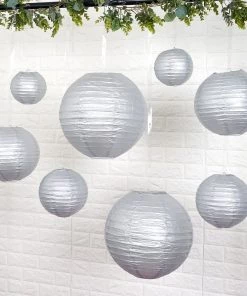 HIER_3300 Set Of 8 - Silver Hanging Paper Lanterns Round Assorted Size - 6