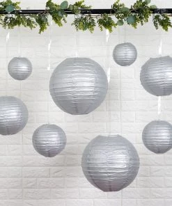 HIER_3300 Set Of 8 - Silver Hanging Paper Lanterns Round Assorted Size - 6", 8", 10", 14" Big Event Backdrops & Décor