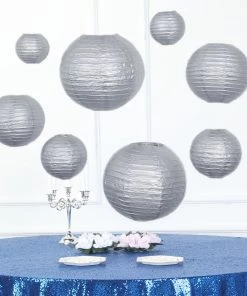HIER_3300 Set Of 8 - Silver Hanging Paper Lanterns Round Assorted Size - 6", 8", 10", 14" Big Event Backdrops & Décor