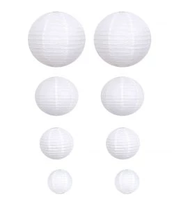 HIER_3300 Set Of 8 - White Hanging Paper Lanterns Round Assorted Size - 6
