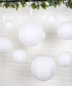 HIER_3300 Set Of 8 - White Hanging Paper Lanterns Round Assorted Size - 6