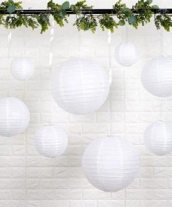 HIER_3300 Set Of 8 - White Hanging Paper Lanterns Round Assorted Size - 6", 8", 10", 14"