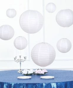 HIER_3300 Set Of 8 - White Hanging Paper Lanterns Round Assorted Size - 6", 8", 10", 14"