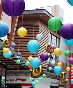 HIER_3300 Set Of 8 - Purple Hanging Paper Lanterns Round Assorted Size - 6", 8", 10", 14" 24 HIER_3300 Set Of 8 - Purple Hanging Paper Lanterns Round Assorted Size - 6