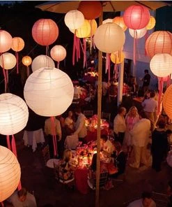 HIER_3300 Set Of 8 - White Hanging Paper Lanterns Round Assorted Size - 6