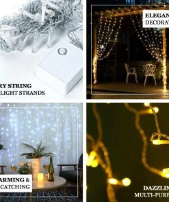 HIER_3720 192 LED Icicle Fairy String Light Curtain Backdrop 5ftx8ft Plug In Panel With 8 Warm White LED Light Strands