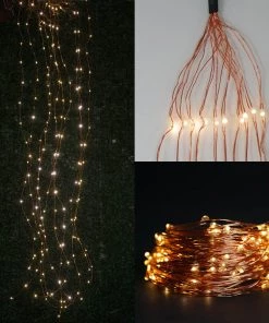 HIER_3730 Chargers & Centerpieces 8FT | LED Fairy String Waterfall Lights | 10 Waterproof Copper Strands | Battery Operated | Warm White 200 LEDs