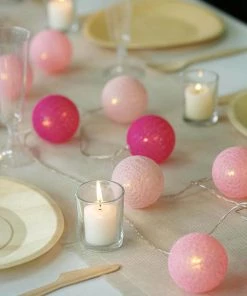 HIER_3730 13FT Cotton Ball String Lights Battery Operated With 20 Warm White LED - Blush | Fuchsia | Pink Chargers & Centerpieces