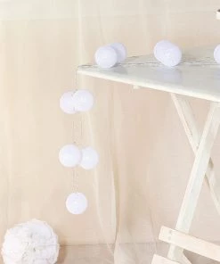 HIER_3730 13FT Cotton Ball String Lights Battery Operated With 20 Warm White LED - White Chargers & Centerpieces