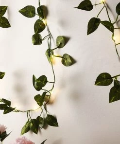 HIER_3720 7FT | 20 LED Green Leaf Garland Vine With Lights, Warm White Battery Operated Artificial Vine Fairy Lights