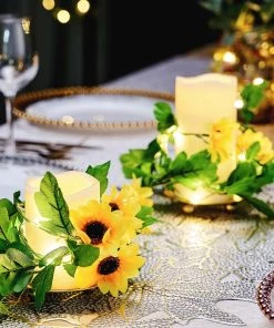 HIER_3720 Chargers & Centerpieces 8FT | 20 LED Artificial Sunflowers Greenery Garland Vines, Battery Operated Warm White Fairy String Lights