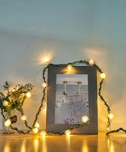 HIER_3720 Chargers & Centerpieces 9FT | 20 LED White Artificial Foam Rose And Lace Flower Garland Vines, Battery Operated Warm White Fairy String Lights