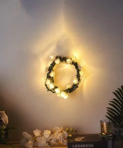 HIER_3720 Chargers & Centerpieces 9FT | 20 LED White Artificial Foam Rose And Lace Flower Garland Vines, Battery Operated Warm White Fairy String Lights
