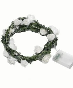 HIER_3720 Chargers & Centerpieces 9FT | 20 LED White Artificial Foam Rose And Lace Flower Garland Vines, Battery Operated Warm White Fairy String Lights