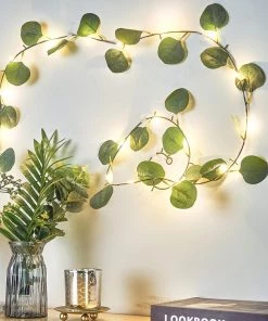 HIER_3720 7FT | 20 LED Artificial Green Eucalyptus Leaf Garland Vines, Battery Operated Fairy String Lights