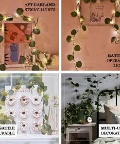 HIER_3720 7FT | 20 LED Artificial Green Eucalyptus Leaf Garland Vines, Battery Operated Fairy String Lights 20 HIER_3720 7FT | 20 LED Artificial Green Eucalyptus Leaf Garland Vines, Battery Operated Fairy String Lights