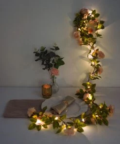 HIER_3720 Chargers & Centerpieces 7FT | 20 LED Blush/Rose Gold Artificial Rose Flower Garland, Warm White Battery Operated Fairy String Lights