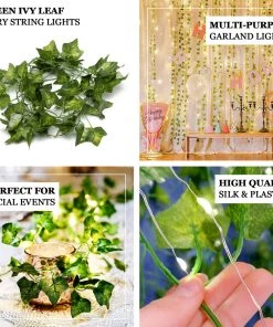 HIER_3720 Chargers & Centerpieces 7FT | Artificial Green Ivy Leaf Garland Vine With LED Battery Operated Fairy String Lights - Warm White