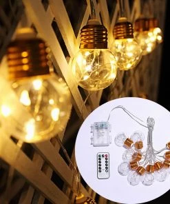 HIER_3720 13FT Warm White 8-Mode Dimmable Fairy Light Bulbs With Remote Control | 10 Gold Base LED Bulbs Chargers & Centerpieces